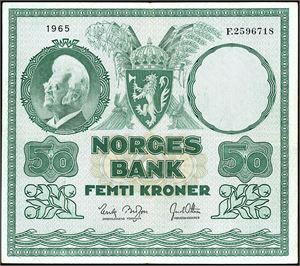 50 kroner 1965, serie F.2596718. 2