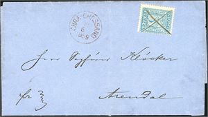 8. 4 skill på komplett brev fra Christianssand, anert med blekkryss og ved siden dampskipsstempel "Chra-Chrssand 11.6.1869" i rødt og sent til Arendal. Brevet er blitt levert direkte på S/S Foldin.