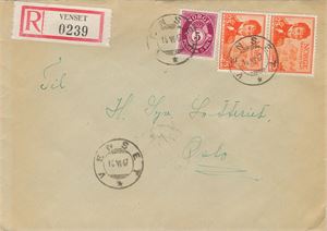 VENSET (Nordland), stemplet SL 18 VI 47 (3 pkt) på rek.brev med NK 240 og 362 (x2), sendt til H7-lotteriets kontor.