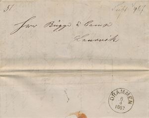 Håndskrevet Tuft 5/4 67 (BU) og håndskrevet portotall 5 på betalt brev til Laurvik, transittstempel Drammen 6/4 1867.