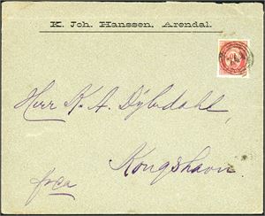 53. 10 øre 20 mm på konvolutt med logo fra Arendal, anert med 3-rings "244" (D/S Tromøysund, Arendal-Tromøy-Eydehavn)og sendt til Kongshavn.