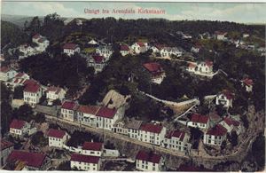 ARENDAL, utsikt fra Arendals kirketårn, kolorert. Utgiver PMD nr. 14. Ubrukt.