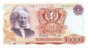 1000 kroner 1978 X.0364316 erstatningsseddel. Kv.0