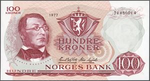 100 kroner 1977, serie J 1486014. 0