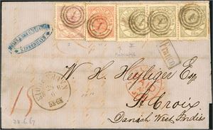 12,13,14. DWI. 55 skillings postage to DWI. 3 s-, 4- and three 16 s Scepter on entire to St. Crois, cancelled numeral "1" and "Kiøbenhavn 28.6" and "London 1 jy 66".