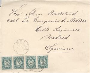 NK 52 4 stk 5ø  NK52 IIIb / NK 52 II C på pent brev st. RØKEN 14-1-1891 til Spaina, ank. St. bak