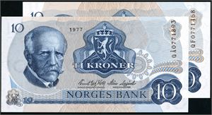 Fire stk 10 kroner 1977, serie QF, QS, QØ og QÅ. Erstatningssedler. 0 og 0/01+