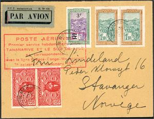 Madagascar. Five stamps on envelope, cancelled "Morond, Madagascar 1937" and sent to Norway. A large red postmark "Poste Aérienne" from the First Flight France-Congo-Madagascar 31 octobre-2 Novembre 1937" at side. Three postmarks at reverse: "Tanarive RP. Madagascar", "le Bourget-Porte Aeriene Seine" and the quite rare Kristiansand-Hirtshals B 11.11.37".