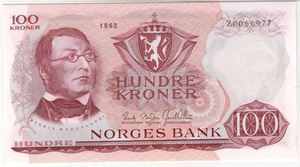 100 kroner 1962 Z.0066977 etstatningsseddel. Kv.0