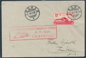 LUFTPOST. Radium på brev st "Tromsø 8-7-35" og "Luftpostruten Bergen-Trondheim-Tromsø 9-7-35 1ste Sydtur"