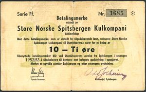10 øre Spitsberge 1952/53, serie Ff., Nr. 1685. Liten rift oppe på midten, og et hakk nede. 2