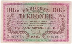 10 kroner 1940 Færøyene. Nr.895970 C. Kv.1+