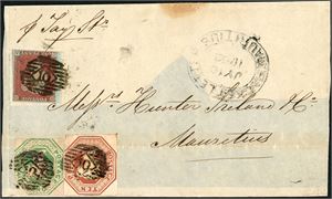 8,55,57. GB. 1/- 10d postage to Mauritius with one 1 d postage for "late fee". 1/- and 10d Embossed on a coverfront (with some part of the reverse), cancelled number "10" and a large postmark "Packetletter Mauritius" at side. A horizontal crease goes through both the embossed stamps and the 1/- with touching or no margins.