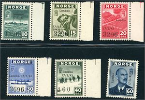 333/38. Londonmerkene med overtrykk i komplett serie. 60 øren med en kort tagg.