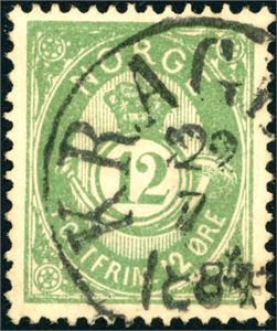 44. 12 øre mattgrønn, pent stemplet "Kragerø 29.7.1884".