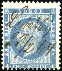 4 c. 4 skilling Oscar i melkeblå nyanse, annullert med håndskrevet "Lebesby 23/2 64".
