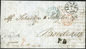 Komplett ubetalt brev, stemplet "Christiania 18.7.1851" og sendt til Kjøbenhavn. Satt i porto med totalt 36 Rbs.