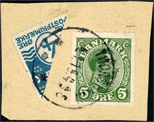 1 A (AFA DK 68,80). 5 øre Chr. X sammen med en halvert 4 øre Bølgelinje på lite brevstykke, stemplet "Thorshavn 20.1.19".