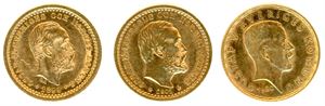 Sverige. Tre stk 5 kronor i gull. Hhv. fra 1899 og 1901 og 1920. Fra Gullstransporten. (Totalt 13.4/09). 0/01