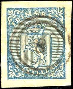1. 4 skilling våpen 1855, anert med nummerstempel "8" (Aasnæs, AK, 7 pkt). Meget gode marger. Attest Aune.
