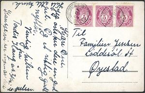 118. Tre 5 øre Posthorn på postkort, anert med 4-rings "885" (Froland Værk, AA) og sendt til Øyestad.