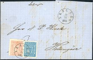 8,9. 12 skillings porto til Danmark. 4 skill og 8 skill på brevomslag, stemplet "Kragerø 10.10.1864". "Sandøsund" og ankomststempel på baksiden.