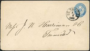 DWI. Two 2 c stationary envelopes, one cancelled "St. Thoamas 14.7.1881" and sent to Hamburg, and one cancelled "St. Thomas 4.2.1886" and sent to Trinidad.