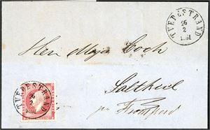 5. 8 skilling Oscar på dobbeltvektig brevomslag, stemplet "Tvedestrand 26.2.1861".
