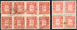 P 3 c. 10 øre "at betale" fra Centraltrykkeriet i rød farge i en 4-blokk og en hengselforsterket 8-blokk.