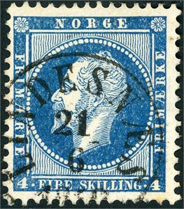 4. 4 skilling Oscar, anert med dampskipsstempel "Lindesnæs 21.6.1857" i sort.