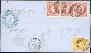 2,5. 26 skillings porto til Frankrike. 2 skilling- og tre 8 skilling Oscar på brevomalg til La Rochelle, stemplet "Christianssand 17.7.1858". Ved siden fransk transittstempel. Baksiden med "Sandøsund 17.7.1858" samt to "Paris"-stempler og ankomststempel.