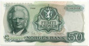 50 kroner 1966 X.1443938 erstatningsseddel. Kv.0
