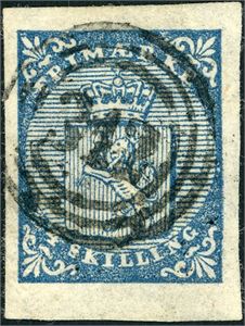 1. 4 skilling Våpen 1855, annullert med nummerstempel "312" (Tromsø). Tre gode marger, litt smal i venstre side.