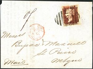 DWI. 1d red (pl 125) on wrapper for a printed matter, cancelled "C 51" and "St. Thomas Paid A Jy 30 70" in red beside, and sent to St. Pierre. "Martinique St Pierre 3 Aout 70" cds at reverse. A vertical crease goes through the stamp.