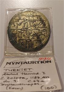 TURKIET Abdul Hamid I, 2 Zolota. Stort  1700-tals silvermynt (0.600-0.700 silver). Korroderat.
