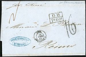 Two letter, both sent from "St Thomas" to Reims, France in 186 and 1861. Both sent with British Packet via "London", "Calais". British postagemark "GB 1F 60c" and French "16" (desimes) at front.