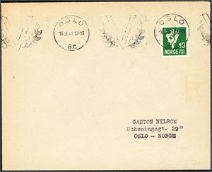 293. 10 øre Hvit V på konvolutt, maskinstemplet "Oslo 16.9.41".
