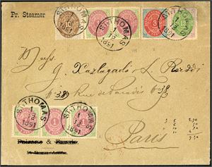 5--12. DWI. 30 cents postage to France. Four 1 c, one 3c, 10 c and 12 c on envelope to Paris, cancelled "St. Thomas 1.12.1891". Transitt postmark "London De 17 91" at reverse. The 5 stamps on top with faults.