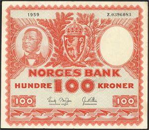 100 kroner 1959, serie Z.0396083. Erstatningsseddel. 1-