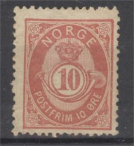 NK 53 IIa, 10ø 20 mm.  * , Brunkarmin på Lyche papir, 1886.  Originalgummi med hengselrest.  Graveringstype 3b.  Attest Hans J. Enger.