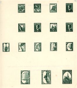 Kristiania Filatelistklubbs frimerkeforslag fra 1920-årene. 73 merker, hvorav noen tagget og noen utaggete, inkludert et ark med 16 merker i grønn farge.