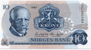 10 kroner 1981 HR erstatningsseddel. Kv.0