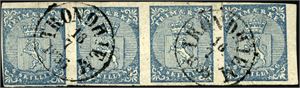 1. 4 skilling våpen 1855 i horisontal 4-stripe, stemplet "Trondhjem 17.7.1856" Varierende marger. Pos. D 42-D 45.