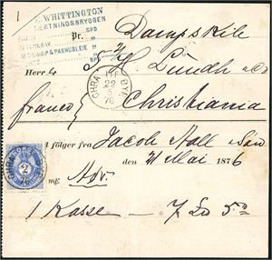 17 c. 2 skilling Posthorn på Konnosement, rettvendt fullstemplet "Chra 11 F Byp 22.5.76" og sendt lokalt. Pakken er sendt med Dampskibet Kile. Attest L. Nielsen.