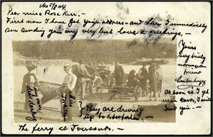 Storforsei gruver m/omegn, Rana. Tre private fotokort fra 1904. Trolig eieren/direktørfamilien på tur, der et kort med "Storknuseren" i bakgrunnen, et fra fergen/prammen fra Tverånes og et ved Sandesjøen. K-2/4
