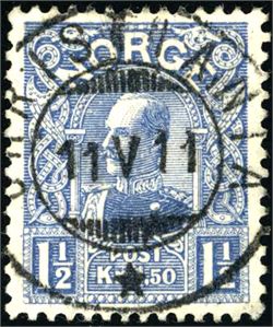 94. 1 1/2 kr Haakon 1909, rettvendt stemplet "Christiania 11.5.11".