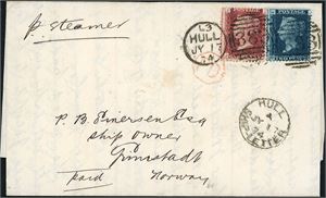 1 d and 2 d on complete letter to Grimstad, Norway, cancelled "383 Hull Jy 17 74" and "Hull Ship-Letter" cds at side.
