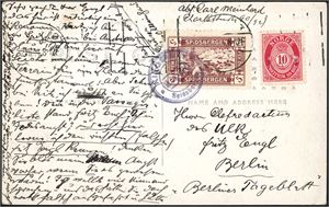 100,Spitsbergen E 24. 10 øre Posthorn on a private postcard, cancelled "Tromsø" and a 5 øre braun Spitsbergen-label, cancelled "Kings Bay Spitsbergen "18 July 14" at side. Sent to Berlin.