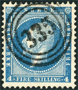 4. 4 skilling Oscar, anert med nummerstempel "335" (Veblungsnæs, MR).