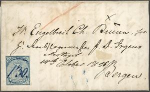 1. 4 skilling våpen 1855 på brevomslag, annullert med håndskrevet nummer "130" (Hurdal, AK) i blått. Baksiden er håndskrevet "Hurdal 9/11 56" i blått samt transittstemplet "Christiania". Omslaget mangler høyre klaff. Merket med minimale marger.